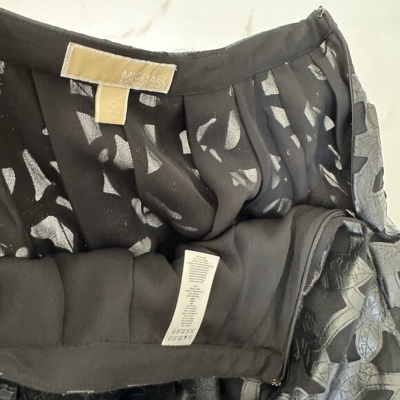 Michael Kors Black Faux‎ Leather A-Line Midi Skirt Mesh Sheer Floral Cutout 10 - Picture 6 of 10